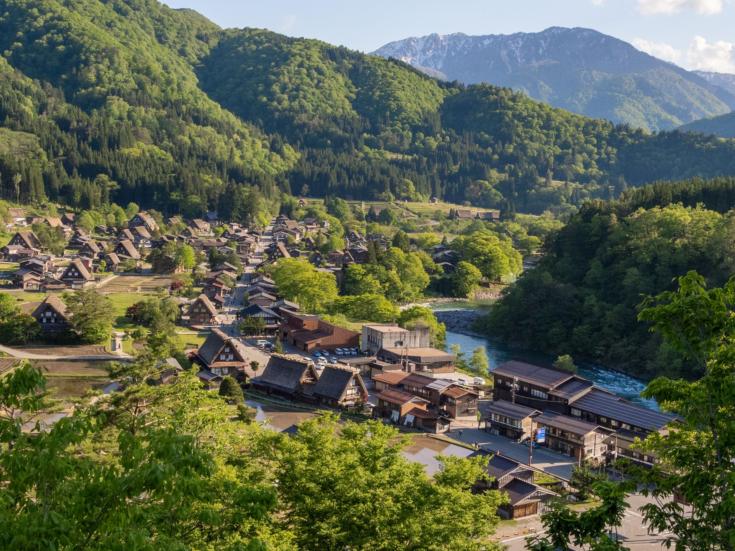 Explore the picturesque landscape of Shirakawa-go, a UNESCO World Heritage site in Japan, with traditional thatched-roof houses.