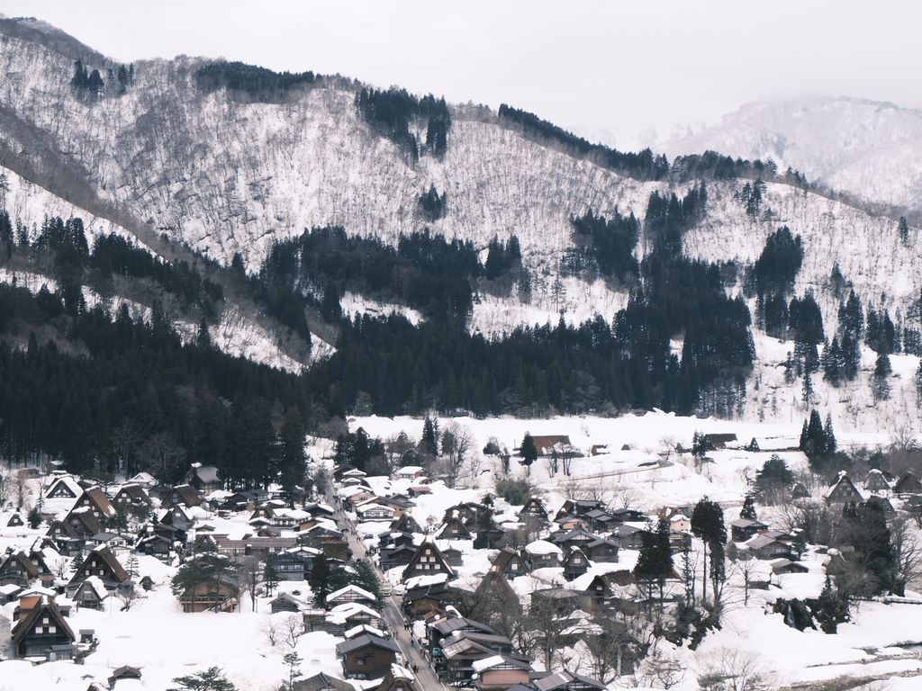 Snow-covered traditional village of Shirakawa-go in scenic Gifu, Japanese Alps Japan during winter.